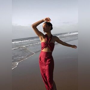 Joslin Studio Danielle Linen Embroidered Midi Dress Cherry Red NWT Size 10